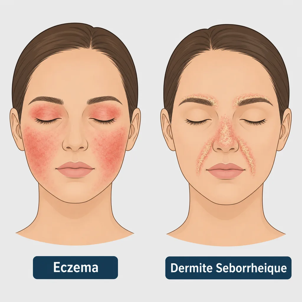 Comparaison visage eczéma et dermite séborrhéique : zones rouges joues/paupières vs plis nasogéniens/sourcils