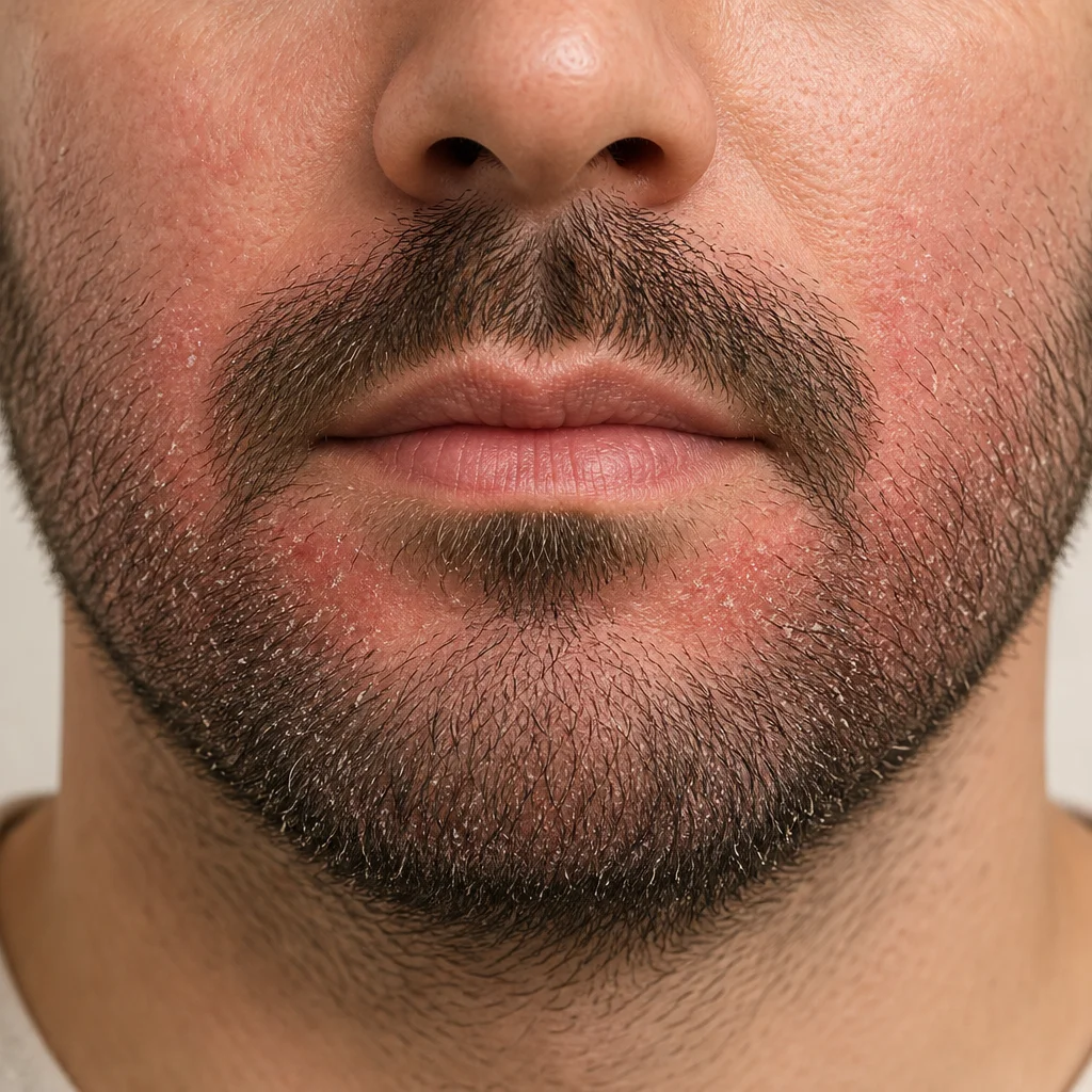 Homme portant une barbe avec rougeurs diffuses et squames visibles, symptômes de dermite séborrhéique de la zone barbe